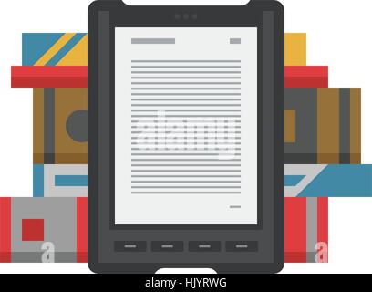 Electronic mobile book with paper books icon. Stock Vector