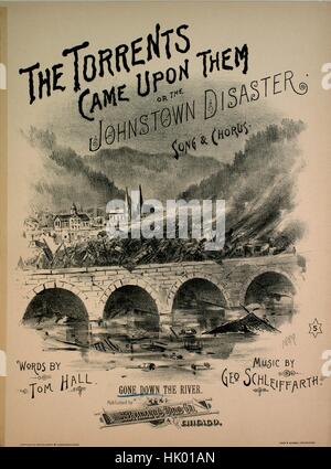 Sheet music cover image of the song 'The Torrents Came Upon Them, or, The Johnstown Disaster Song and Chorus', with original authorship notes reading 'Words by Tom Hall Music by Geo Schleiffarth', United States, 1889. The publisher is listed as 'S. Brainard's Sons Co.', the form of composition is 'strophic with chorus', the instrumentation is 'piano and voice', the first line reads 'There's an album fill'd with pictures, that the waters in their rage', and the illustration artist is listed as 'Goes and Quensel Lith. Chicago'. Stock Photo