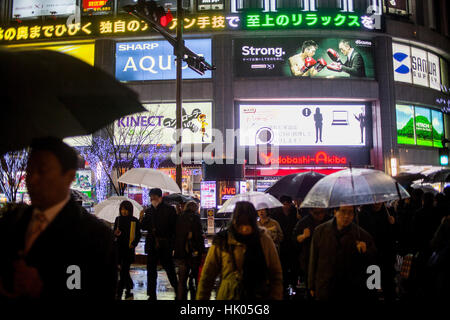 Townscape, Street scene, in background facade of Yodobashi Akiba, at Kanda Hanaokacho, Akihabara, Tokyo, Japan Stock Photo