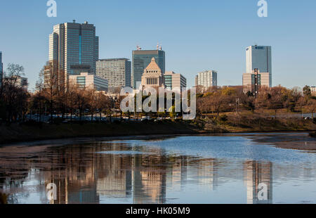 Townscape, National Diet and the complex of ministry buildings, from Sakurada canal in Imperial Palace, Tokyo, Japan Stock Photo