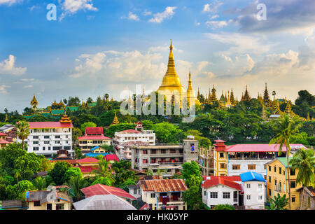 Yangon, Myanmar city skyline with Shwedagon Pagoda. Stock Photo