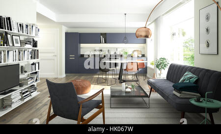 3D rendering of a modern living room and open kitchen with a trendy color scheme Stock Photo