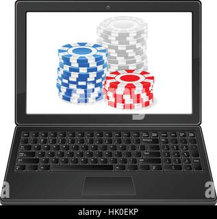 Laptop with poker chips on a white background. Stock Vector