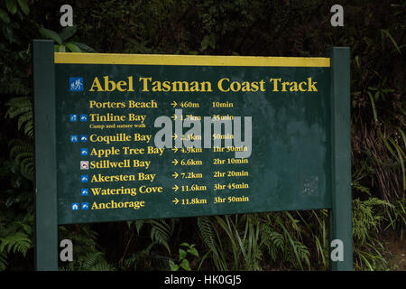 Information and direction signs.  Abel Tasman National Park, South Island, New Zealand.