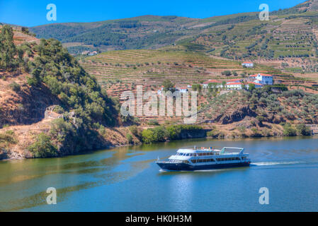 Tourist boat, vineyards and the Douro River, Alto Douro Wine Valley, Portugal Stock Photo