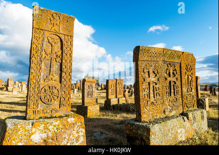 Medieval Khachkars carved memorial stele, Noratus cemetery, Sevan Lake, Gegharkunik province, Armenia, Caucasus Stock Photo