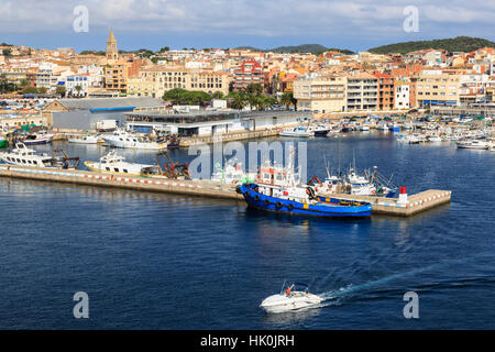 Town centre, fishing boats and pleasure craft, from the sea, Palamos, Costa Brava, Girona, Catalonia, Spain Stock Photo