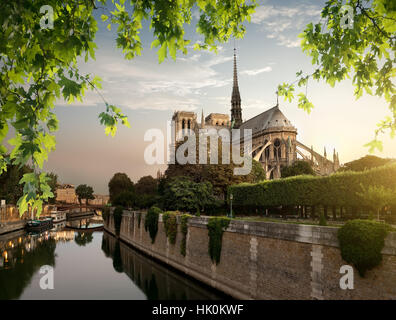 Notre Dame and park on river Seine in Paris, France