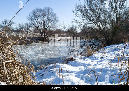 The frozen river Nitra in Nove Zamky Slovakia with temperatures at minus 12 Celsius. Jan 2017 Stock Photo