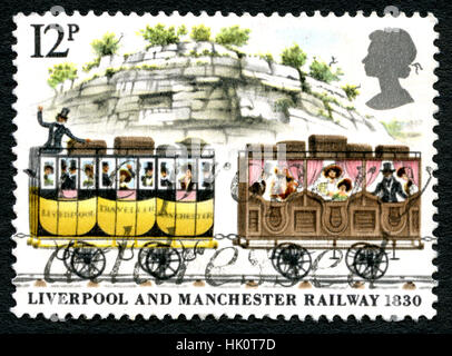 UK - CIRCA 1980: A used postage stamp from the UK, commemorating the Liverpool and Manchester Railway which opened in 1830. Stock Photo