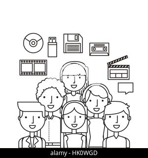 people with multimedia icons around over white background. vector illustration Stock Vector