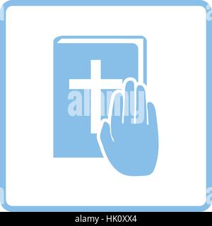 Hand on Bible icon. Blue frame design. Vector illustration. Stock Vector