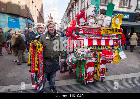 CARDIFF, UNITED KINGDOM. November 5th 2016. Sean Bingham, 47, Porthcawl, selling merchandise for Wales V Australia on the streets of Cardiff. ©Photo C Stock Photo