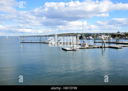 boats docked n a Maine harbor in autumn Stock Photo