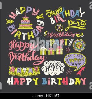 Set of Happy Birthday Hand Drawn Calligraphy Pen Brush Stock Vector