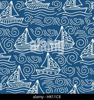 Inspiring seamless pattern with ships and the sea waves Stock Vector