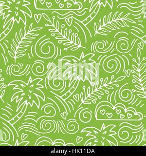 seamless hand-drawn pattern with palm trees and clouds Stock Vector