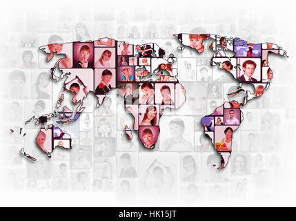 World map background with people portraits on it Stock Photo - Alamy