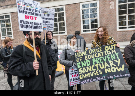 London, UK. 25th January 2017. Movement for Justice and NUS London protest outside SOAS calling for justice for overseas students. After a TV programme showed fraud at just two centres administering the compulsory English Language test for student visas, the Home Office paid ETS to investigate every single student who had taken the test at any centre and identify any who cheated. Credit: Peter Marshall/Alamy Live News Stock Photo