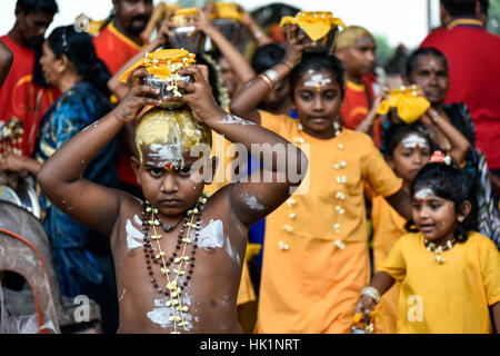 Kuala Lumpur, Malaysia. 4th February, 2017. Young Malaysian Hindu devotees participates in the festival of Thaipusam in Batu caves, Malaysia, on February 04, 2017. Thaipusam is celebrated by devotees of the Hindu god Murugan and is an important festival of the Tamil community in countries like India, Sri Lanka, Indonesia, Thailand, Malaysia, and Singapore, during which devotees pierce themselves with spikes and take part in long processions. Credit: Chris JUNG/Alamy Live News Stock Photo