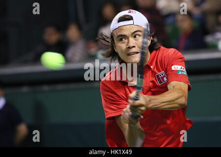 Ariake Coliseum, Tokyo, Japan. 3rd Feb, 2017. Taro Daniel (JPN) during the BNP Paribas 1st round tennis tournament Japan vs France, at Ariake Coliseum in Tokyo. Credit: YUTAKA/AFLO SPORT/Alamy Live News Stock Photo