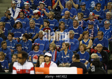 Tokyo, Japan. 3rd Feb, 2017. French crowd in action during the BNP Paribas 1st round tennis tournament Japan vs France, at Ariake Coliseum in Tokyo. Credit: Yan Lerval/AFLO/Alamy Live News Stock Photo