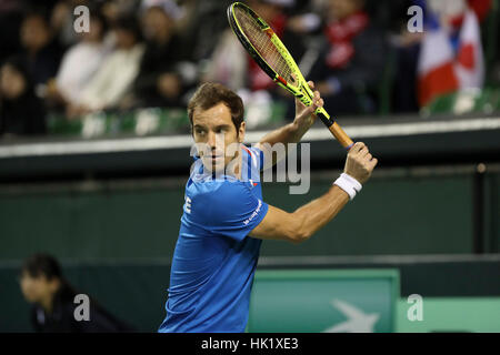 Tokyo, Japan. 3rd Feb, 2017. TRichard Gasquet (FRA) in action during the BNP Paribas 1st round tennis tournament Japan vs France, at Ariake Coliseum in Tokyo. Credit: Yan Lerval/AFLO/Alamy Live News Stock Photo