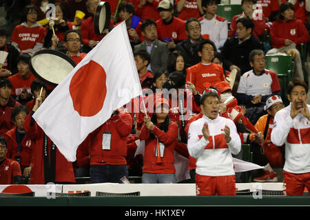 Tokyo, Japan. 3rd Feb, 2017. Japanese crowd in action during the BNP Paribas 1st round tennis tournament Japan vs France, at Ariake Coliseum in Tokyo. Credit: Yan Lerval/AFLO/Alamy Live News Stock Photo