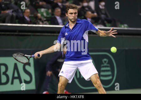 Tokyo, Japan. 3rd Feb, 2017. Gilles Simon (FRA) in action during the BNP Paribas 1st round tennis tournament Japan vs France, at Ariake Coliseum in Tokyo. Credit: Yan Lerval/AFLO/Alamy Live News Stock Photo