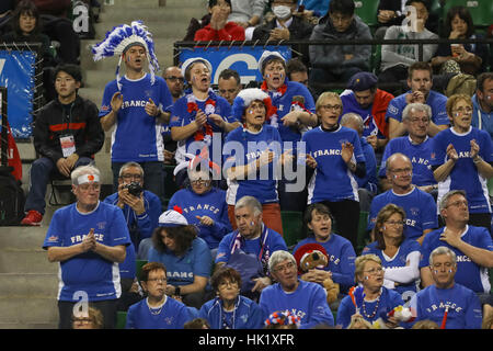 Tokyo, Japan. 3rd Feb, 2017. French crowd in action during the BNP Paribas 1st round tennis tournament Japan vs France, at Ariake Coliseum in Tokyo. Credit: Yan Lerval/AFLO/Alamy Live News Stock Photo