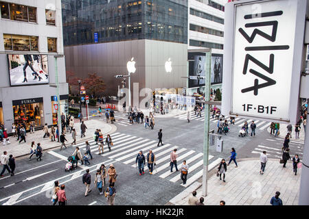 Townscape, Weekend, Saturday, sunday,Chuo street, (On Saturday afternoons and Sundays it becomes a pedestrian zone), in Ginza, Tokyo, Japan. Stock Photo