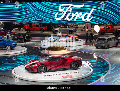 DETROIT, MI/USA - JANUARY 9, 2017: A 2017 Two Ford GT cars, production and race versions, at the North American International Auto Show (NAIAS). Stock Photo