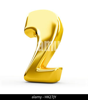 3d gold metal number 2 two isolated white background Stock Photo