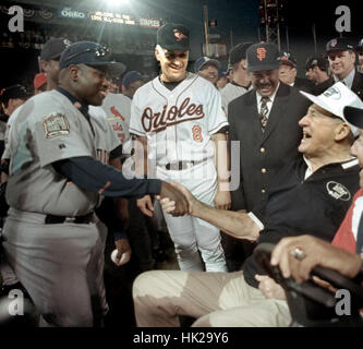 Tony Gwynn (left) shakes Ted Willams (right) hand with Cal Ripken center before the start of the the 1999 All Star Game at Fenway park in Boston Ma photo by bill belknap Stock Photo