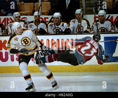 Bruins Hal Gill checks Colorado Avalanche #23 Milan Hejduk  02/02/1999 photo bill belknap Stock Photo