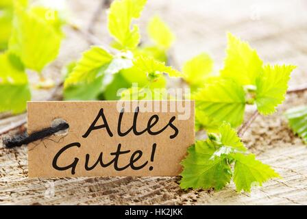 a natural looking label with the german words Alles Gute, which means all the best, and with green leaves and wood as background Stock Photo