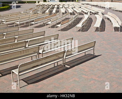 Outdoor seating at the Spreckles Organ Pavillion in Balboa Park, San Diego CA US.  This unique organ contains 4,530 pipes ranging in length from the s Stock Photo