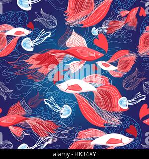 Seamless bright pattern lovers red fish on a blue background Stock Vector