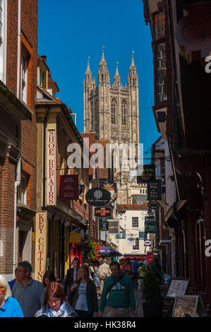 Looking towards Canterbury Cathedral down butchery lane. Stock Photo