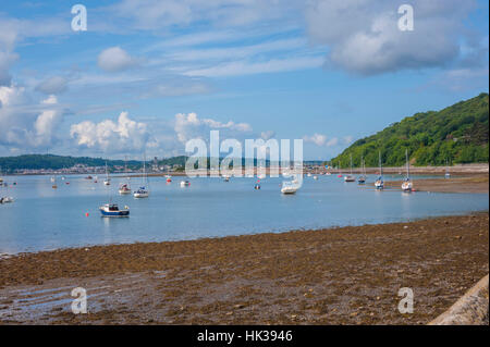 Looking across the Menai straits a half tide, from Beamaris towards Bangor. With yachts and boats in water Stock Photo