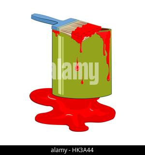 Bucket red paint with dripping paintbrush. Vector illustration, isolated from background. Stock Vector