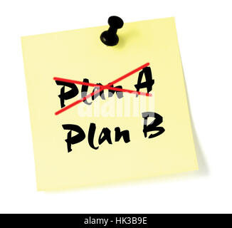 Crossing out Plan A, writing Plan B, Sticky Note Macro Closeup, Large Detailed Isolated Thumbtacked Sticker Adhesive Memo Stock Photo