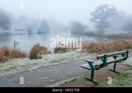 Frosty, misty morning at the boating lake, Corby, England Stock Photo