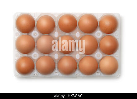 Top view of plastic egg carton with 15 eggs isolated on white Stock Photo