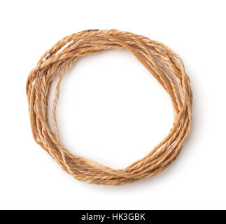 One big coil skein of natural brown twine hessian burlap jute rope isolated  on white background, close up, elevated top view, high angle, directly abo  Stock Photo - Alamy