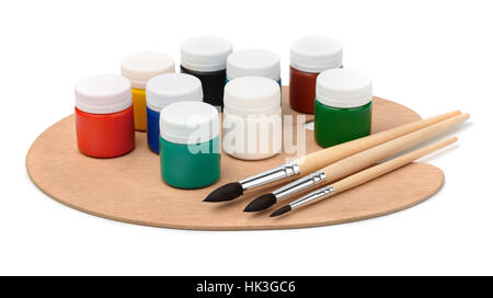 Acrylic paints, brushes and pallet isolated on white Stock Photo