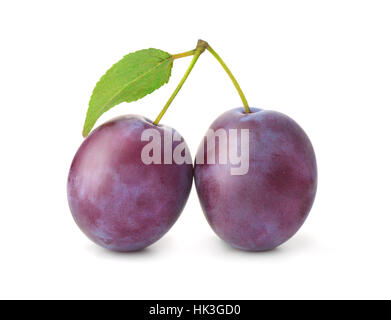 Two plums with leaf isolated on white Stock Photo