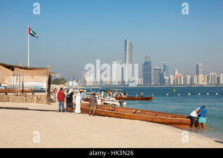 Wooden boats on the beach in Abu Dhabi, United Arab Emirates Stock Photo