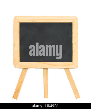 Black chalk board with clean wooden frame and tripod stand isolated on white with clipping path Stock Photo