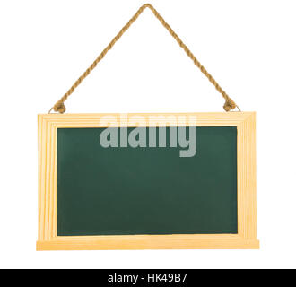 Black green chalk board with clean wooden frame and hanging rope isolated on white with clipping path Stock Photo